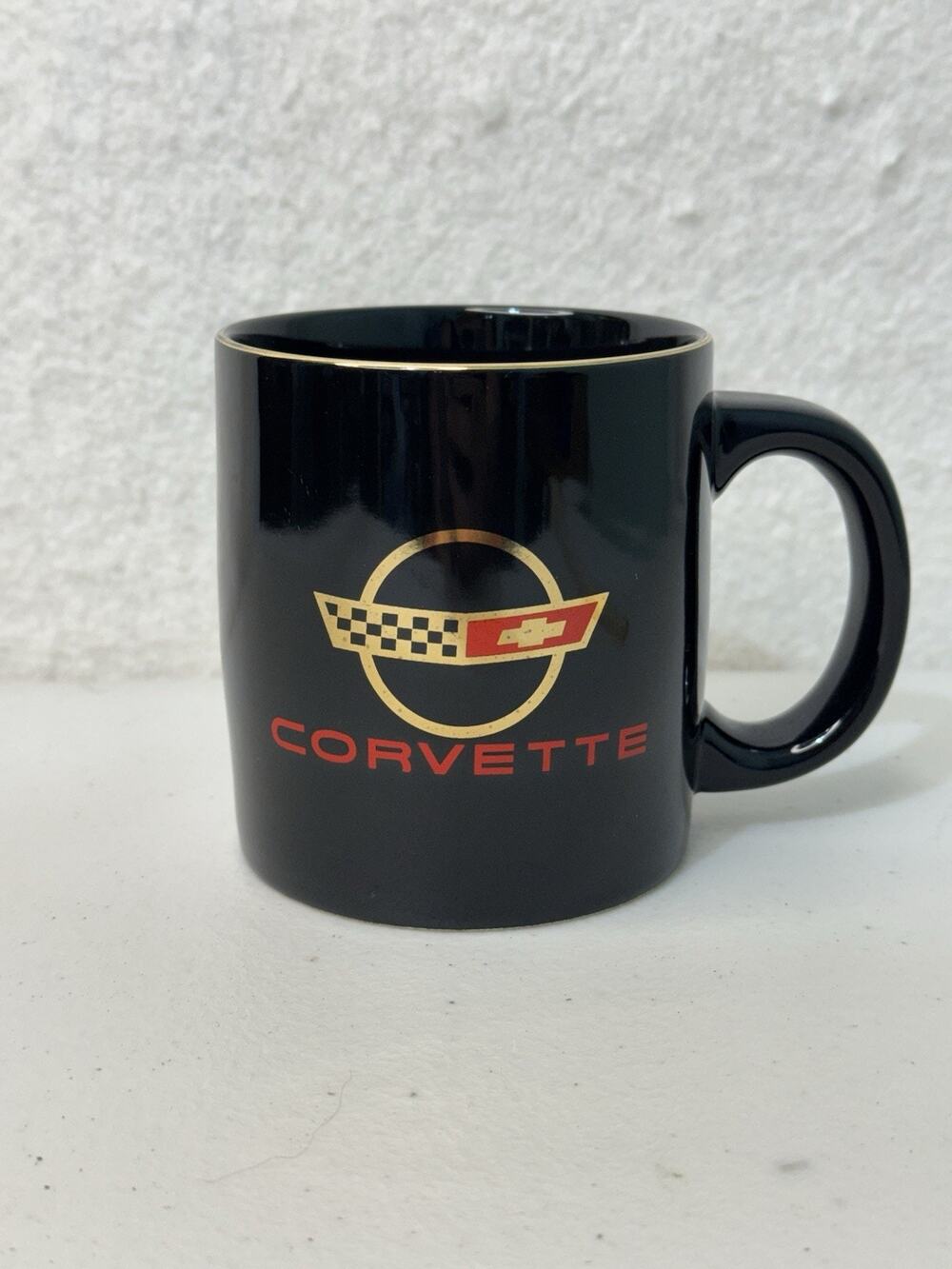 Corvette Classic Flag Logo Black Ceramic Coffee Mug Gold-Trimmed VTG Taiwan